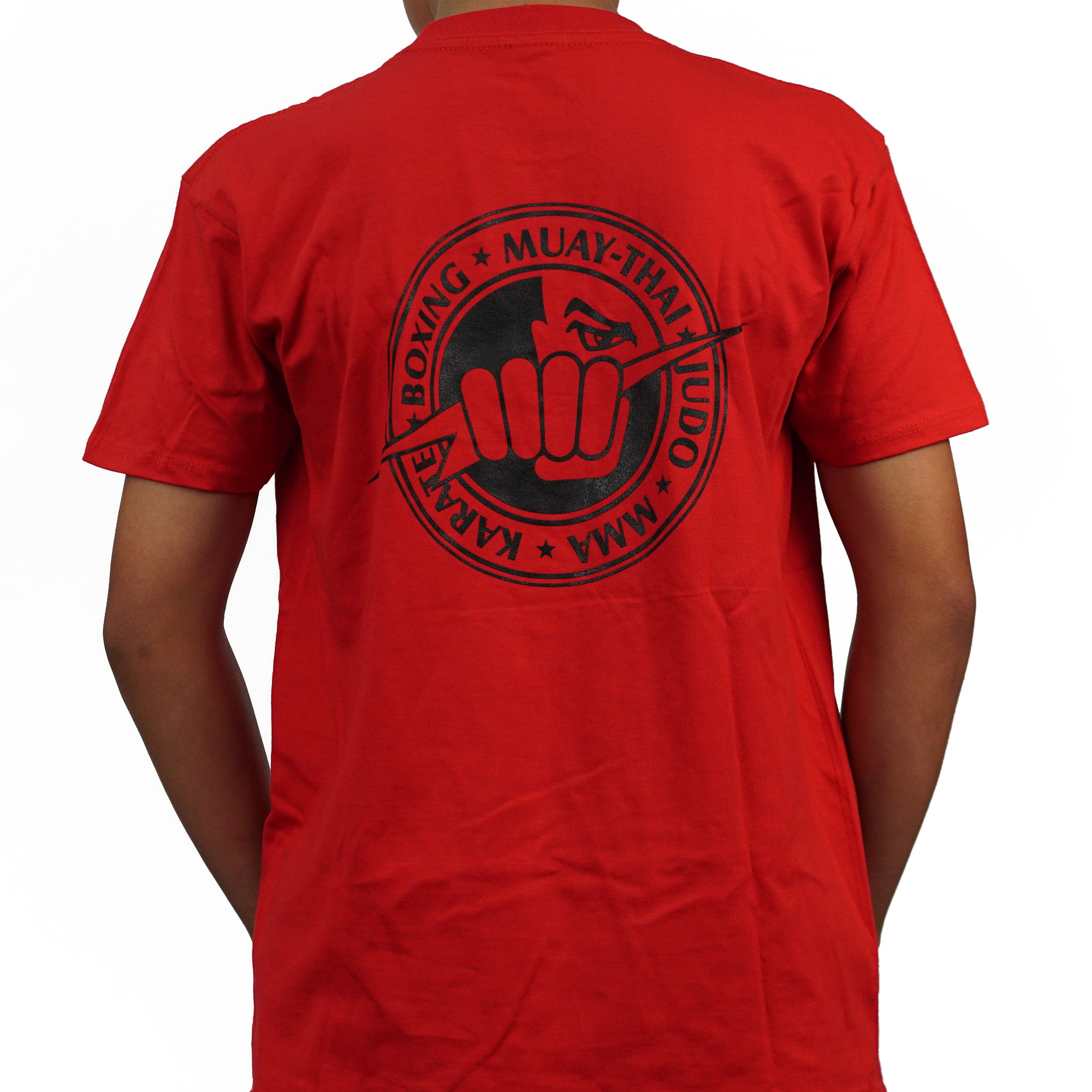 black t shirt with red writing